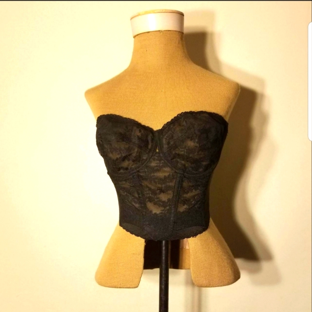 Vintage 1980's Black Floral Lace Bustier 36B Backless By Smoothie.